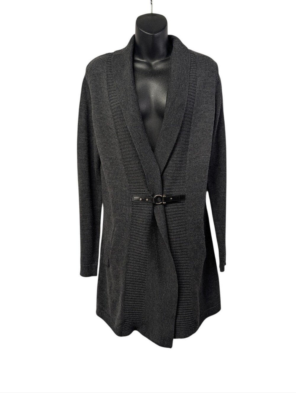 Ellen Tracy Womens Gray Knit Collared Belted Cardigan Sweater Pockets Sz M